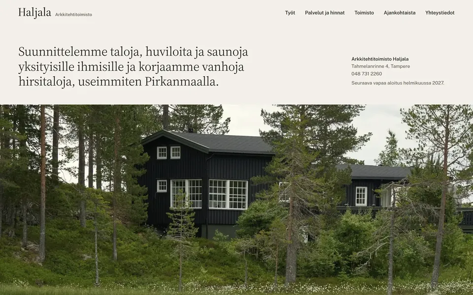 Arkkitehtitoimisto Haljala: sivuston etusivu