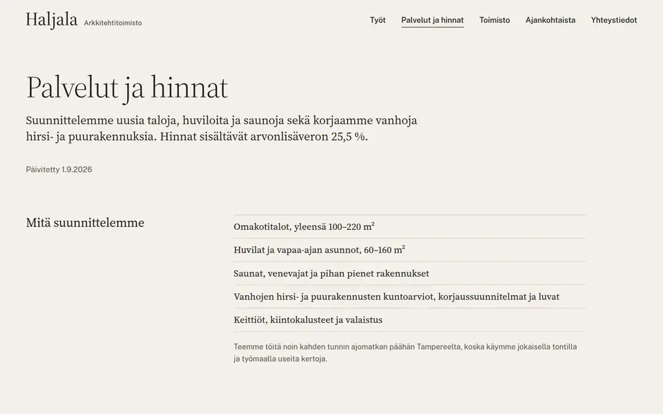 Haljala: Palvelut ja hinnat -sivu
