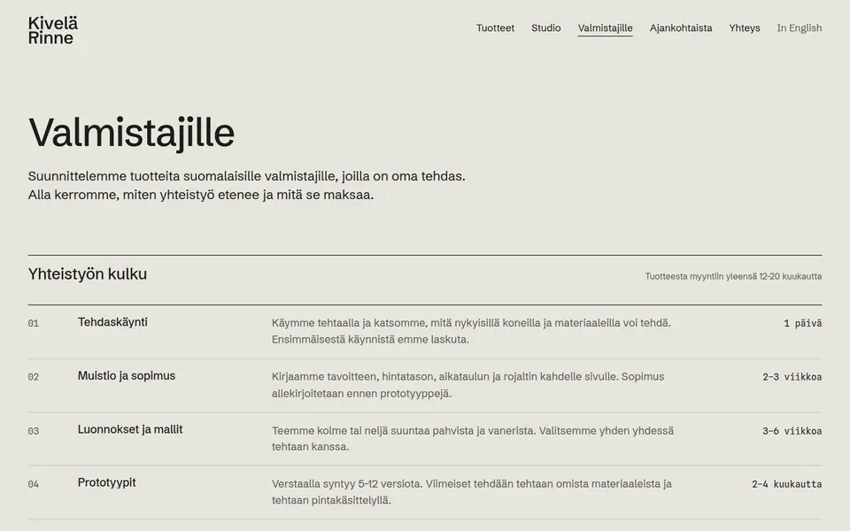Kivelä Rinne: Valmistajille-sivu
