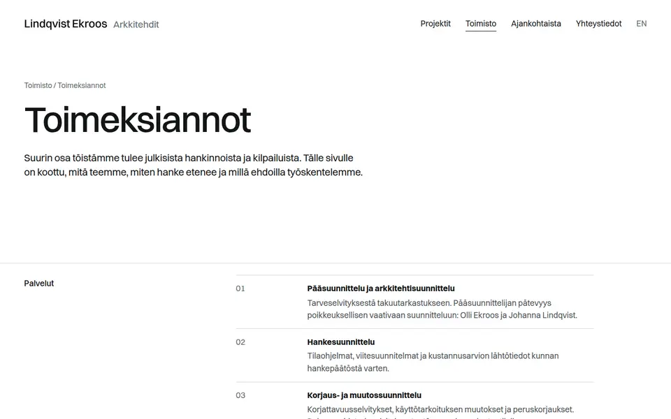 Lindqvist Ekroos: Toimeksiannot-sivu
