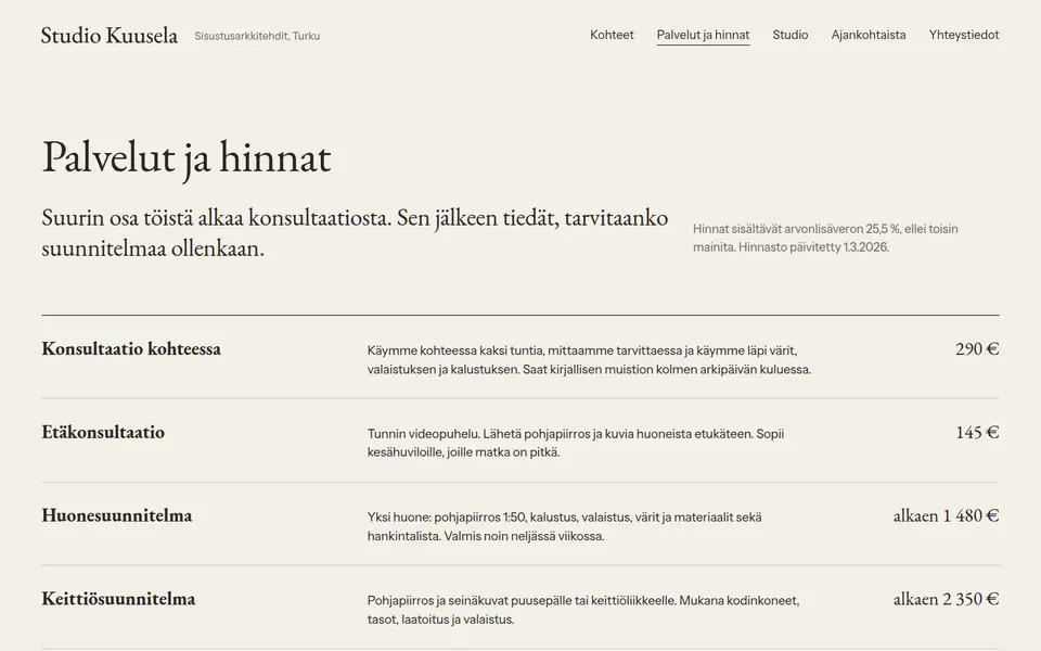 Studio Kuusela: Palvelut ja hinnat -sivu